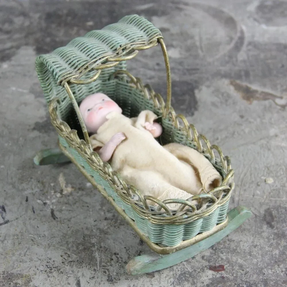 Antique One-Of-A-Kind Miniature China Doll in Wicker Cradle